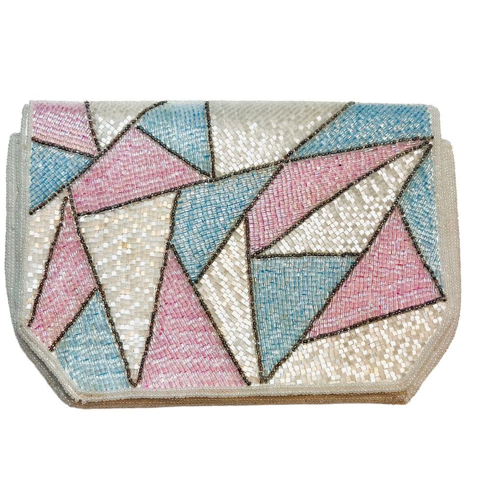 Vintage Geometric Stained Glass Beaded Clutch Bag Lindsey Blake White Pink Blue